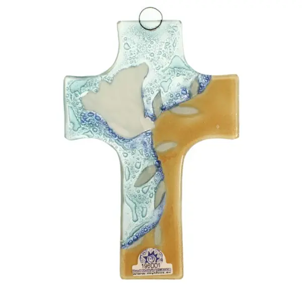 Croix en Verre 8x12cm orange et bleue avec une colombe