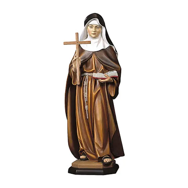Statue Ste Françoise Schervier avec croix bois peint Val Gardena