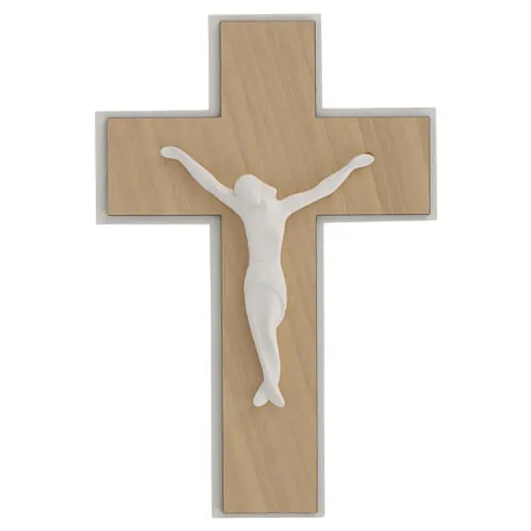 Croix bois clair corps résine blanche moderne 25 cm