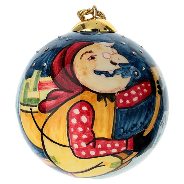 Boule de Noël Dellarte Ceramiche émaillée Befana sur fond bleu 10 cm peinte à la main