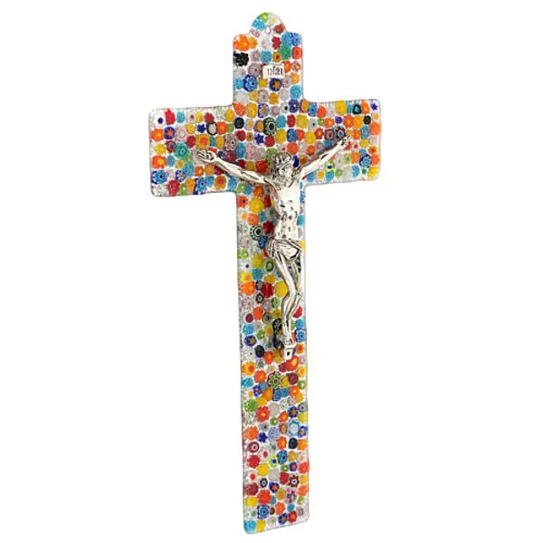Crucifix en verre de Murano murrine multicolores effet miroir 35x20 cm