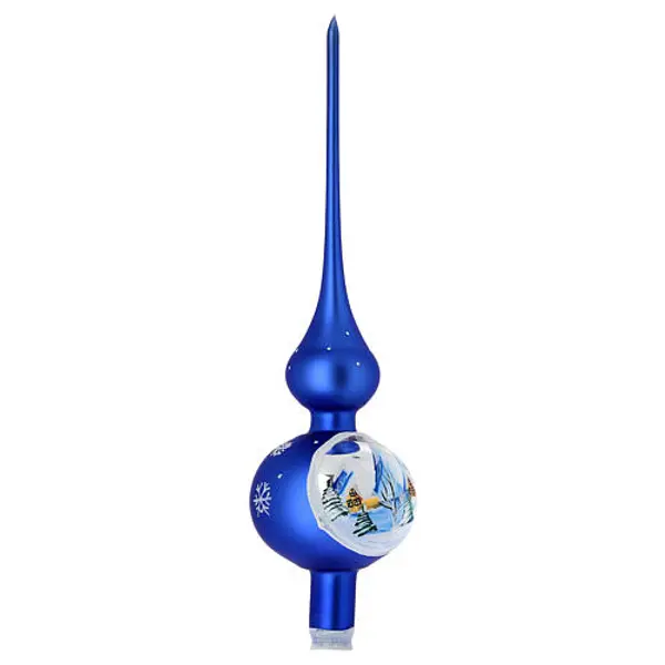Cimier sapin bleu électrique village enneigé verre soufflé 35 cm