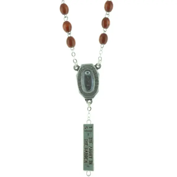 Chapelet eau de Lourdes,les 20 mystères du Rosaire, grains bois