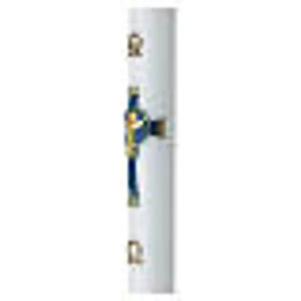 Cierge pascal blanc 120x8 cm avec Christ Ressuscité sur croix bleue