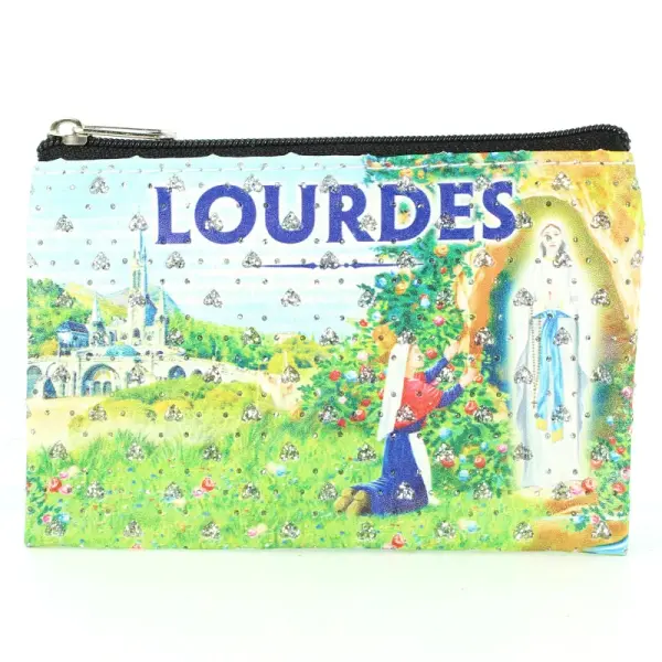 Porte-monnaie rectangulaire avec Zip strass et image de Lourdes