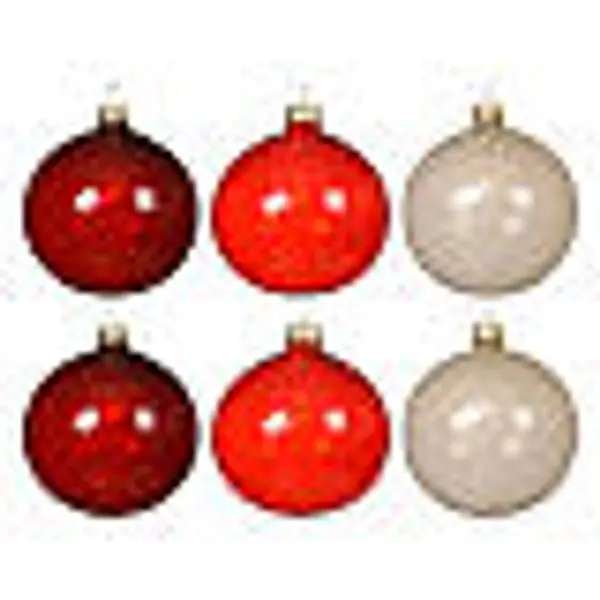 Set 6 boules de Noël brillantes verre transparent rouge foncé, rouge et blanc 8 cm