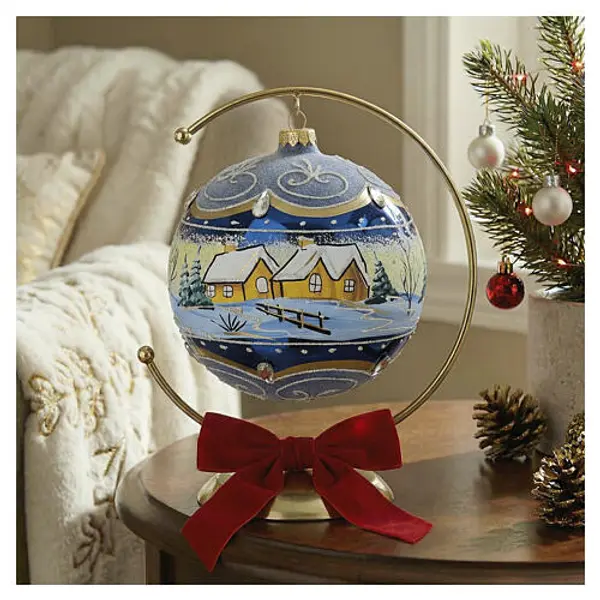 Boule bleue paysage peint verre soufflé 150 mm