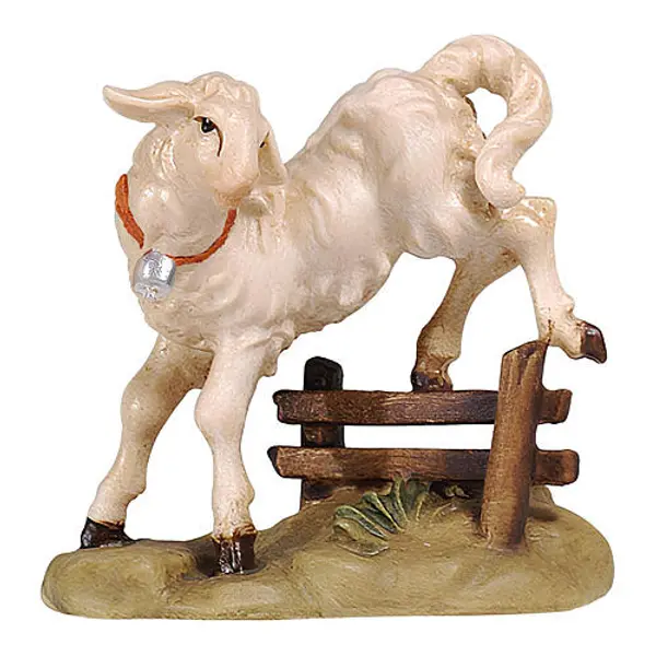 Agneau sautant une clôture crèche Mahlknecht 9,5 cm bois peint Val Gardena