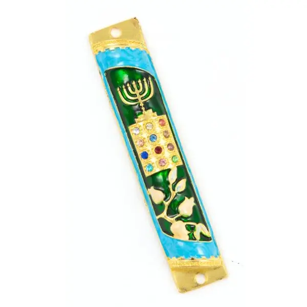 Étui à mézouzah arrondi avec plastron et menorah brillants - Bleu sarcelle et or