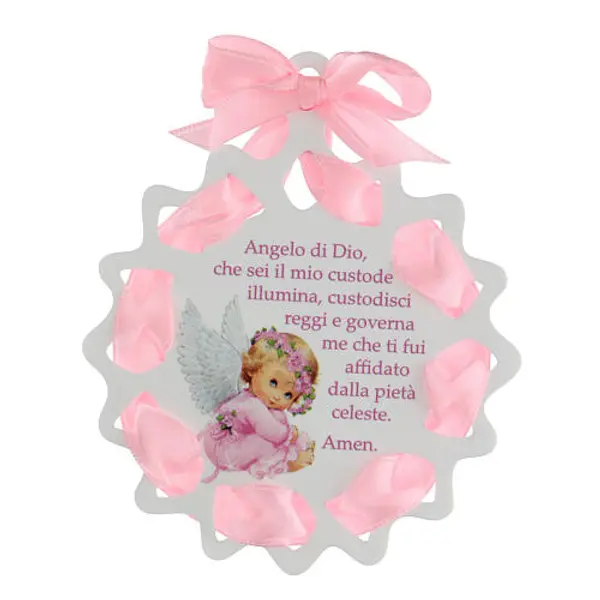 Étoile ruban rose médaille berceau avec prière