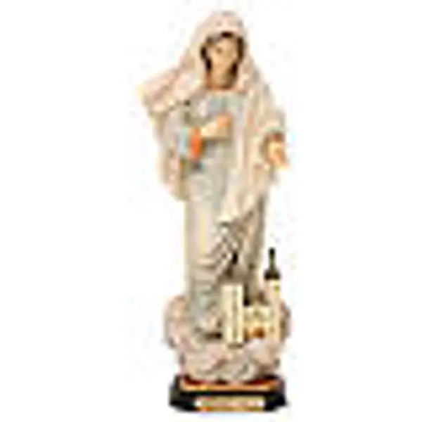 Statue Notre-Dame Reine de la Paix avec église bois peint Val Gardena