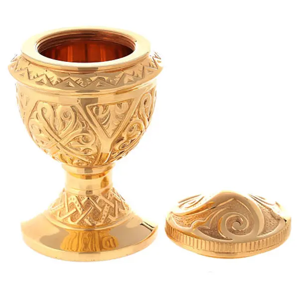 Ampoule huile Saint Chrême laiton doré décors baroques Molina