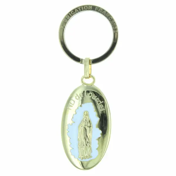 Golden key ring with Our Lady of Lourdes and Saint Christopher
