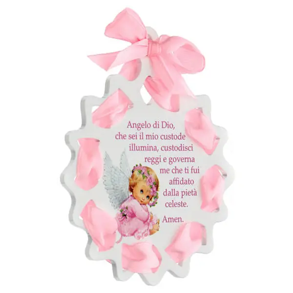 Étoile ruban rose médaille berceau avec prière