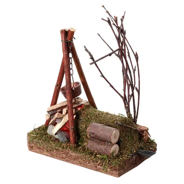 Feu tremblotant 230V bois et casserole 10x5x10 cm pour crèche 8-10 cm