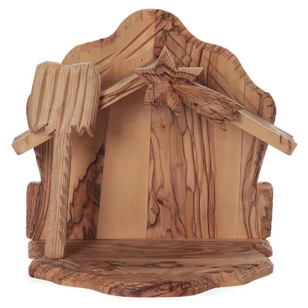 Maisonnette en olivier Bethléem avec crèche complète stylisée 20x20x15 cm