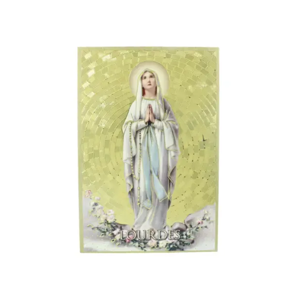 Cadre de Notre Dame de Lourdes en bois et en mosaïque