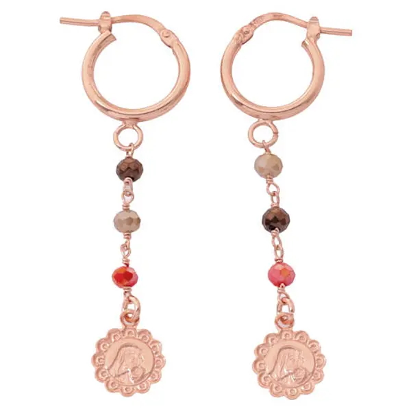 Boucles d'oreilles perles orange et marron Vierge argent 925 rosé Benedictus