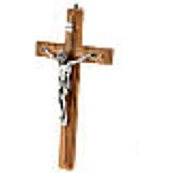 Crucifix mural bois d'olivier et métal 20 cm