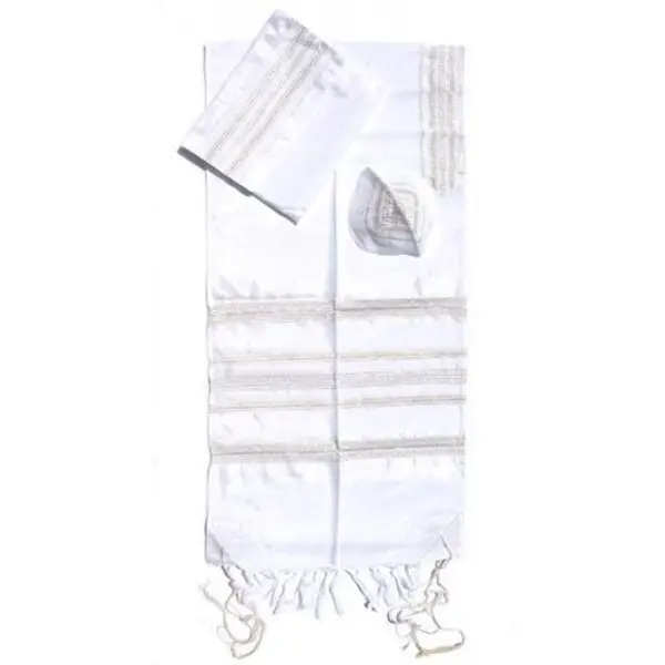 Ensemble Talith en soie blanche tissée à la main Gabrieli - Rayures dorées et argentées