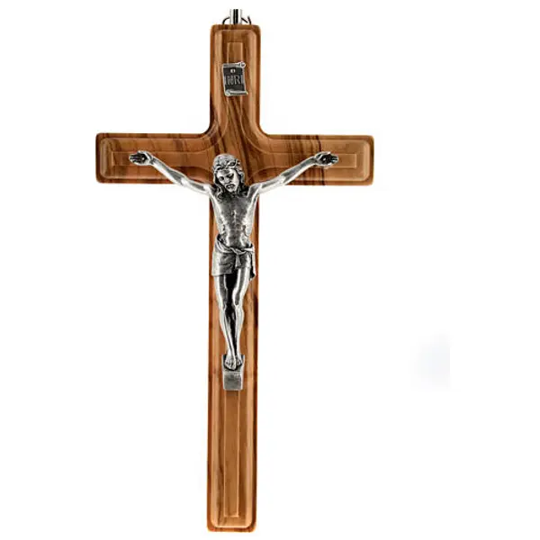 Crucifix mural bois d'olivier et métal 20 cm