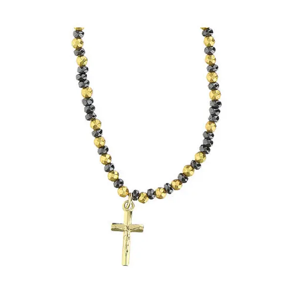 Collier ras de cou hématite noir or croix pendentif argent 925 doré