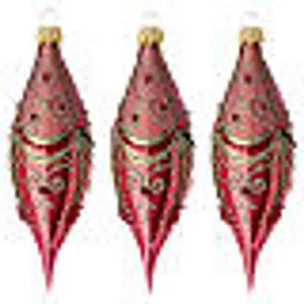 Set 3 boules gouttes en verre soufflé rouge brillant décors or 13 cm