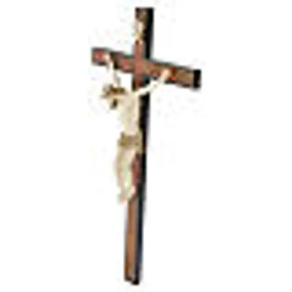 Crucifix Walder ancien bois Val Gardena patiné bicolore