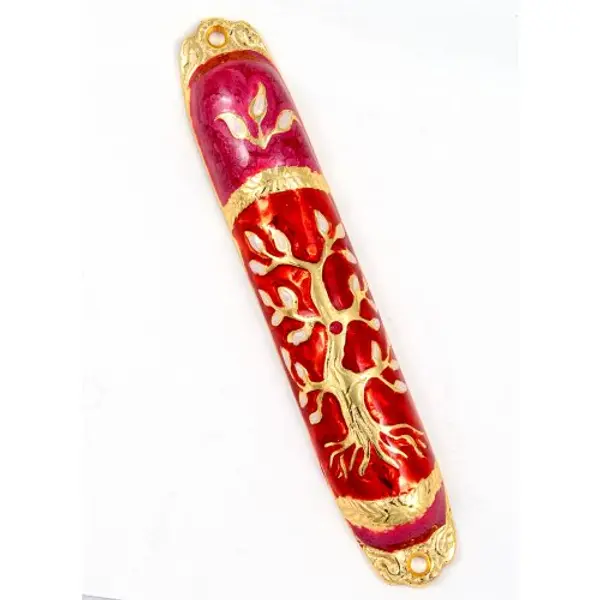 Étui à mezouza arrondi avec arbre de vie - Or, rouge et rose