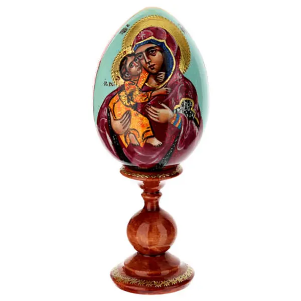 Oeuf en bois Vierge de Vladimir fond bleu ciel 20 cm