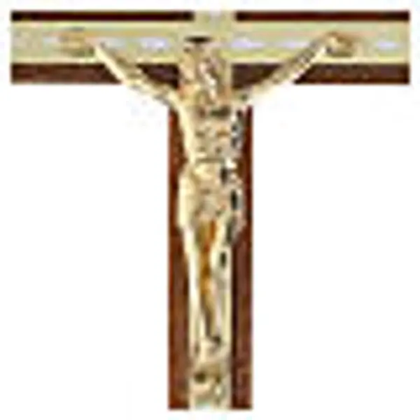 Crucifix mural bois acajou Christ métal doré tôle dorée 20 cm