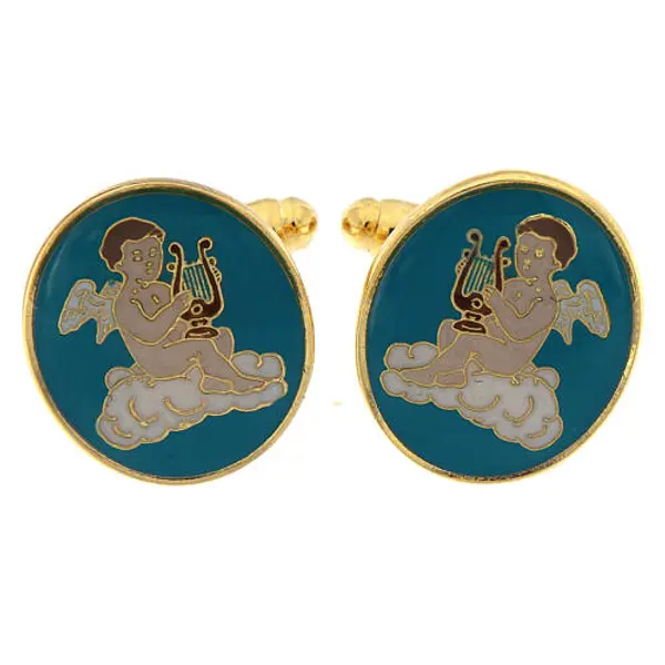 Boutons de manchettes ange musicien fond bleu marine laiton doré