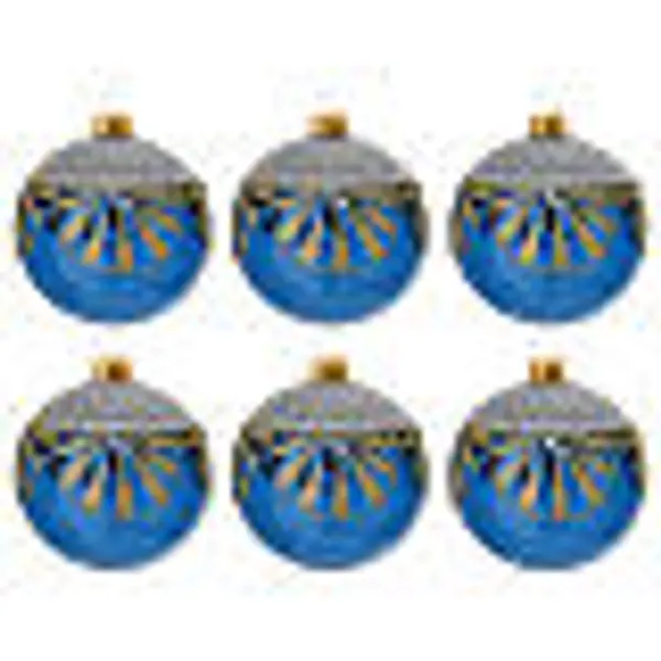 Boules Noël set 6 pcs verre soufflé bleu décorations florales paillettes or et argent 80 mm