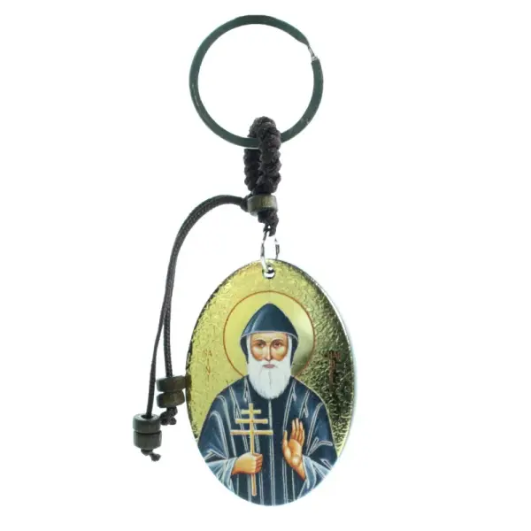 Porte clé ovale avec image de Saint Charbel et boîte
