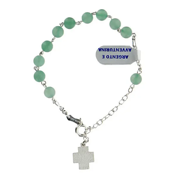 Bracelet dizainier aventurine grains 6 mm argent 925 croix Chi-Rho
