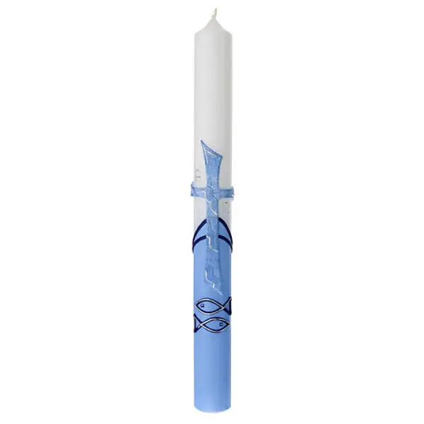 Cierge pour Baptême bleu ciel croix en relief 400x40 mm