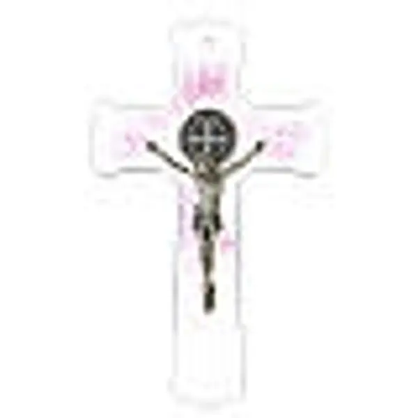 Croix de Saint Benoît verre de Murano rose 20 cm